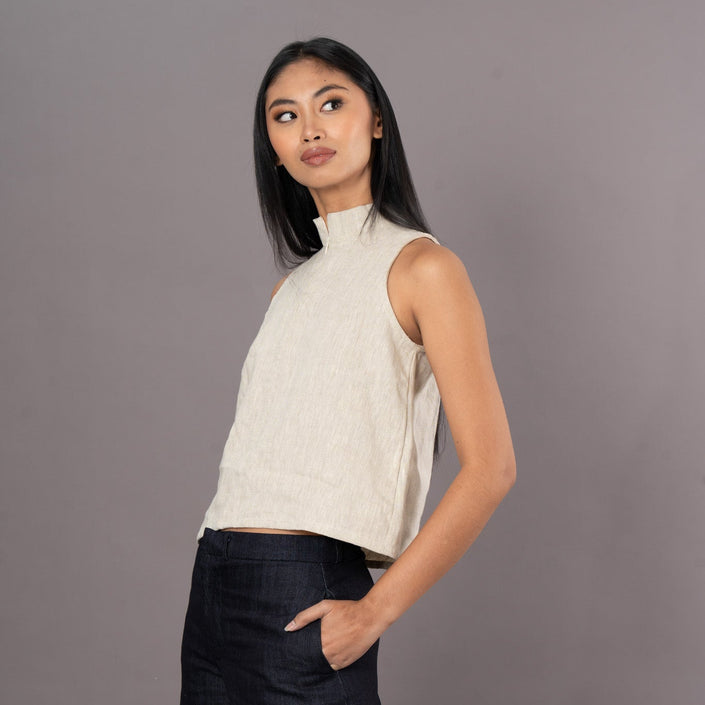 Linen sand light-colored halter neck sleeveless top